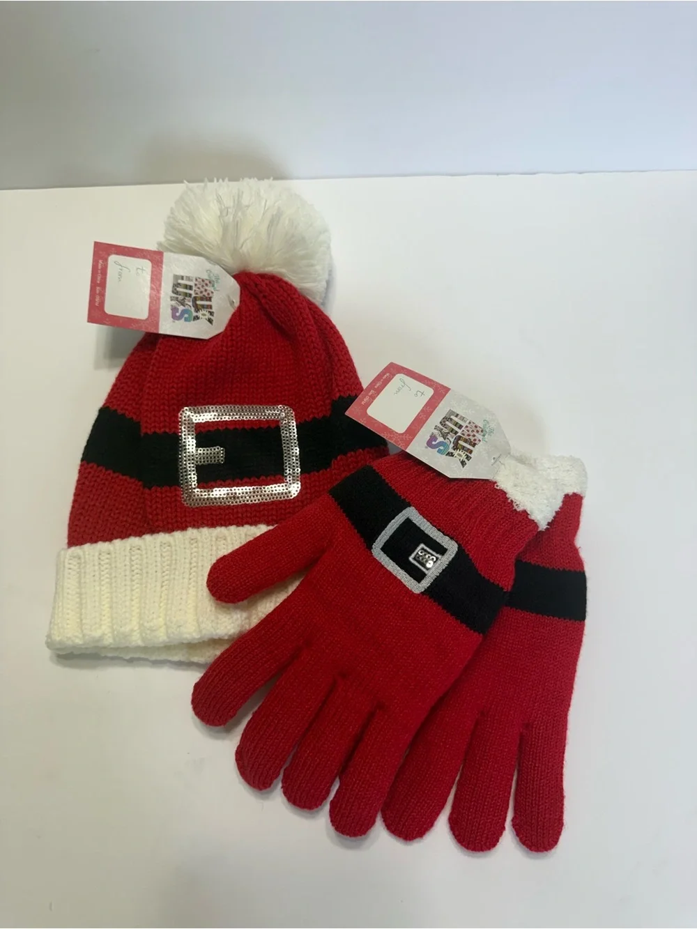 Muk Luks Red Knit Santa Hat & Gloves Set with Pom Pom NWT